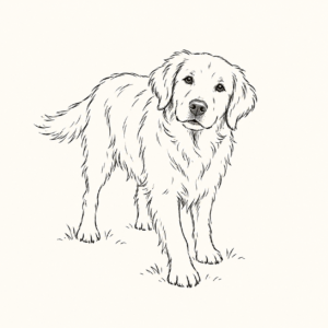 Dessin au trait noir représentant un chien à poil long debout sur un fond clair.